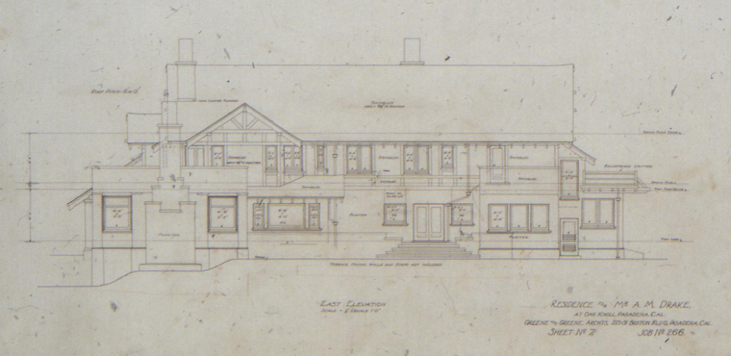 East elevation architectural drawing of The Mr. A. M. Drake House at Oak Knoll, Pasadena, by Greene & Greene, Sheet No. 7
