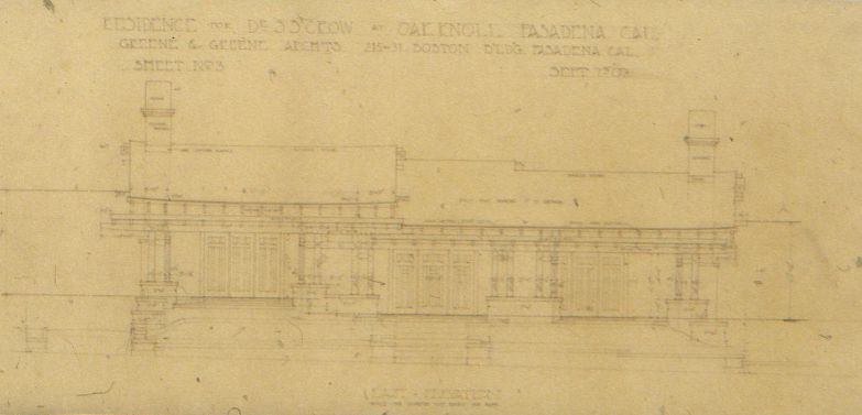 Original 1909 east elevation architectural drawing for The Dr. S. S. Crow House, detailing the home's facade, roofline, and window placement.