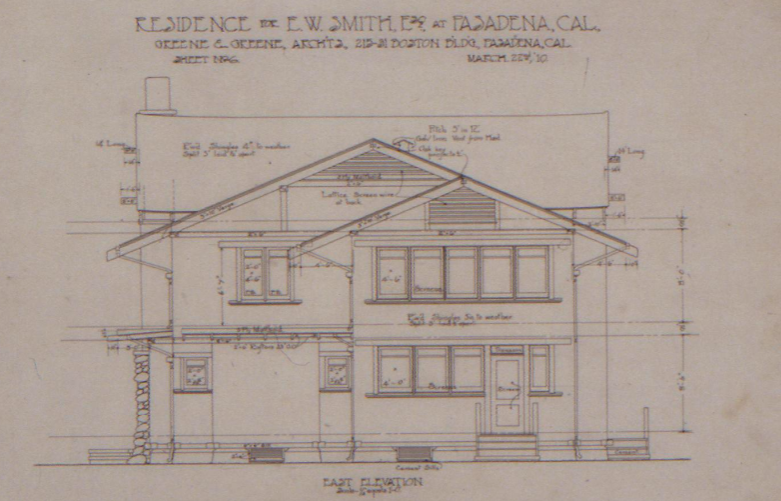 Greene & Greene east elevation drawing of The Ernest W. Smith House showing gabled roofline and shingle cladding