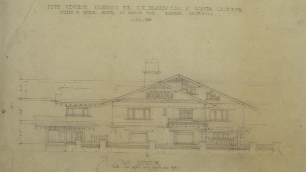 The Henry K. Bradley House east elevation drawing, fifth revision by Greene & Greene with chimney and balcony detail