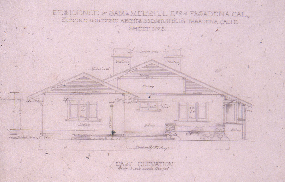 Greene & Greene east elevation architectural drawing of The Samuel Merrill House in Pasadena, Sheet No. 3