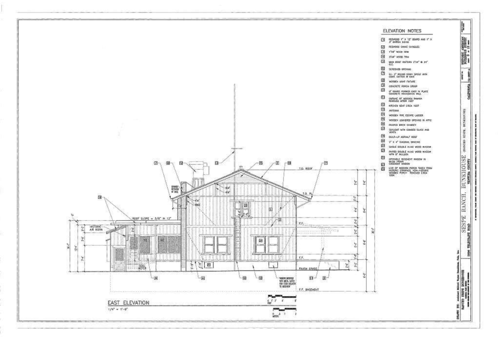 HABS measured east elevation drawing of The Sespe Ranch Bunkhouse with annotated elevation notes documenting the front facade in 1997