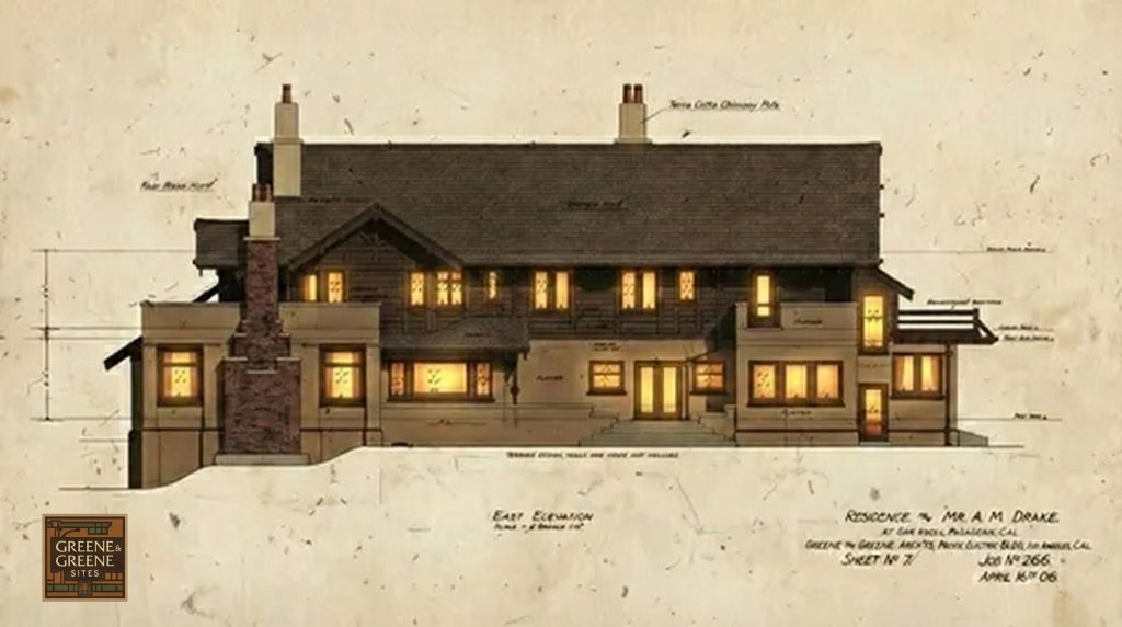 Illuminated east elevation rendering of The Mr. A. M. Drake House highlighting half-timbered facade and stone chimneys