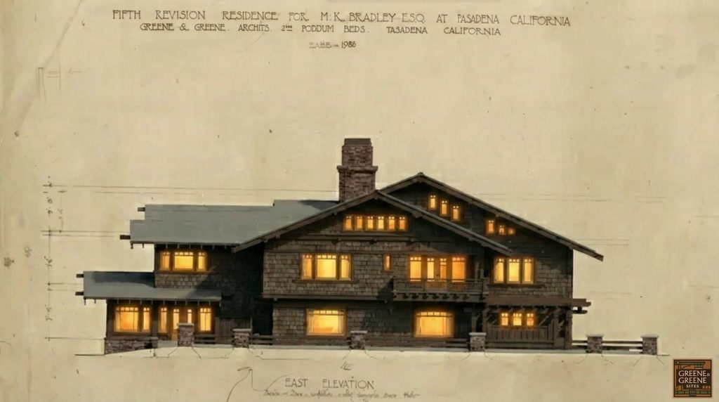 The Henry K. Bradley House east elevation rendering showing stone chimney, shingled walls, and glowing window light