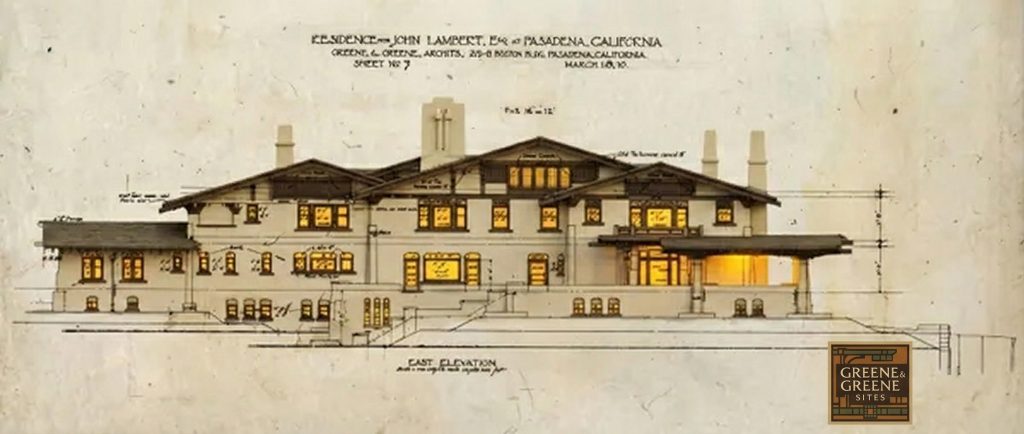 The John Lambert House east elevation color rendering by Greene & Greene with illuminated windows, 1910