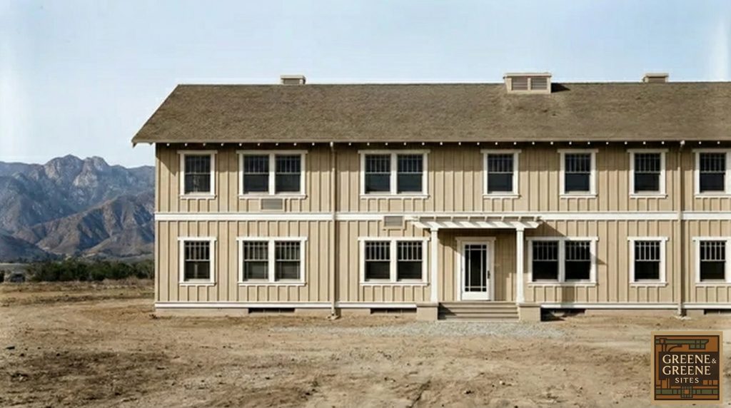 Greene & Greene east elevation rendering of The Sespe Ranch Bunkhouse depicting the front facade with porch and gable roof details