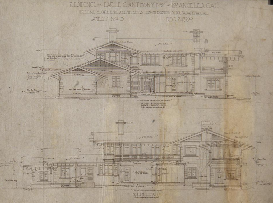 Original 1909 Greene and Greene east and north elevation drawings of The Earle C. Anthony house, Sheet No. 5, in ink on cloth
