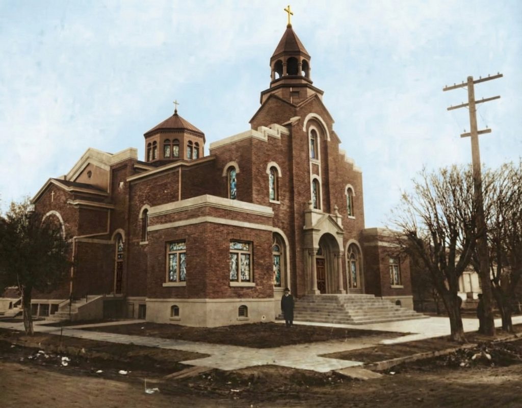 Colorized exterior of Holy Trinity Armenian Apostolic Church in Fresno, built near the era of The Armenian Pilgrims Church