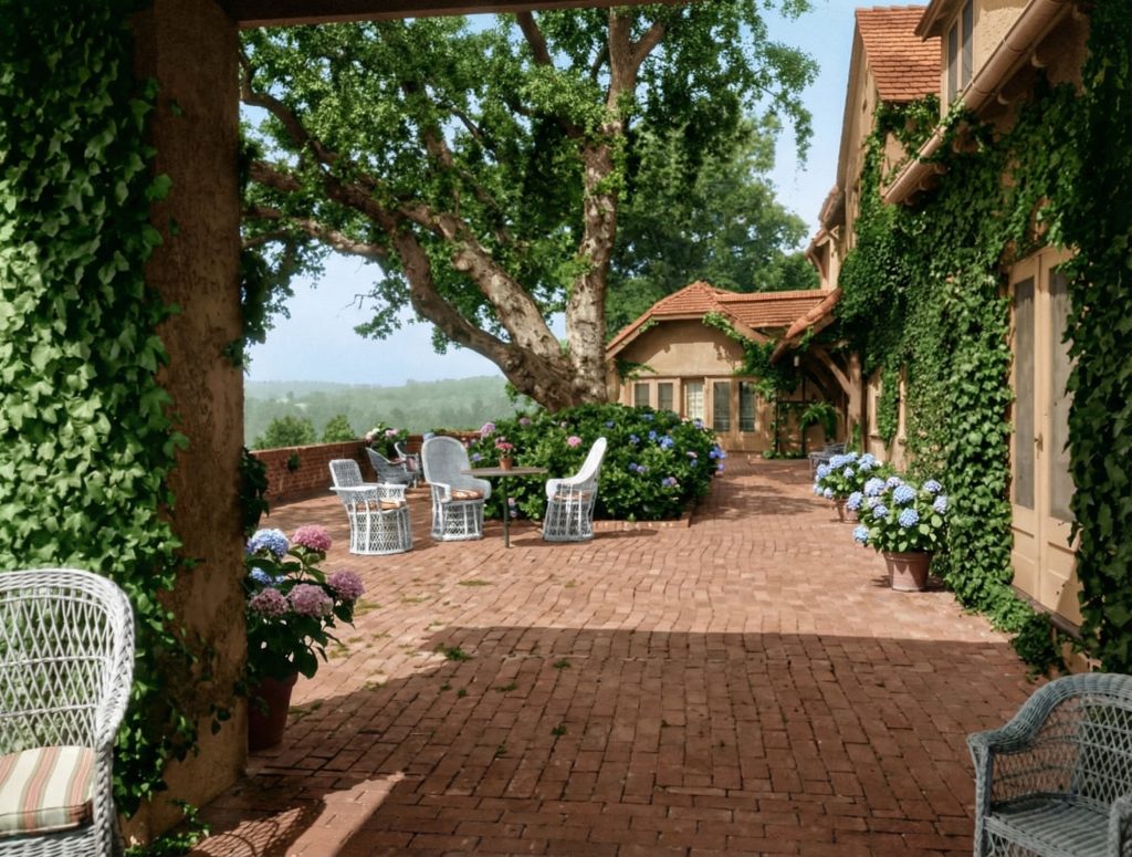 The large rear terrace of The Mortimer Fleishhacker Estate in 1915, connecting the main house to the formal gardens.