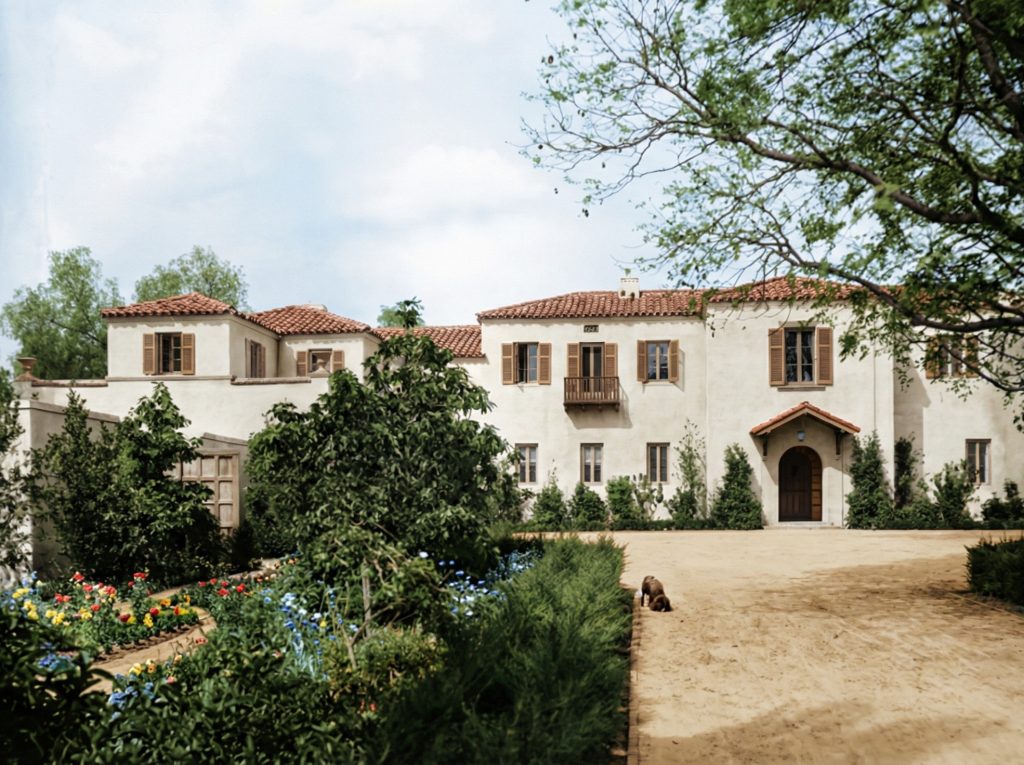 The Tod Ford, Jr. House driveway view showing Reginald Johnson's 1917 Mediterranean Revival design in Pasadena