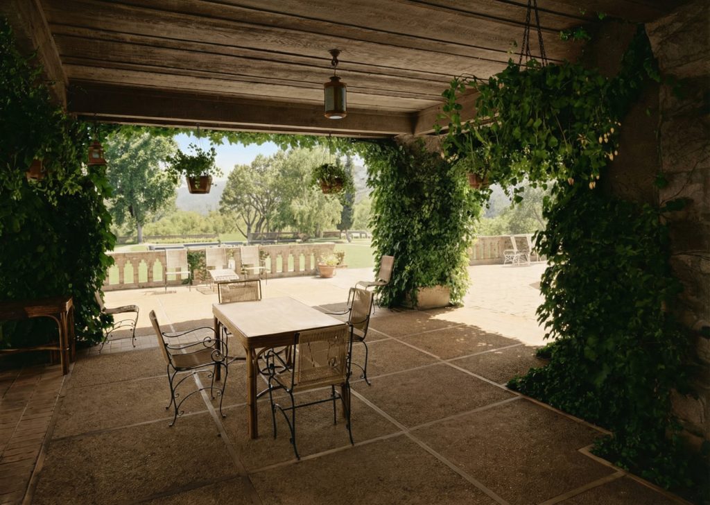 The brick patio of The Mortimer Fleishhacker Estate, looking southeast, as documented by the Historic American Buildings Survey.