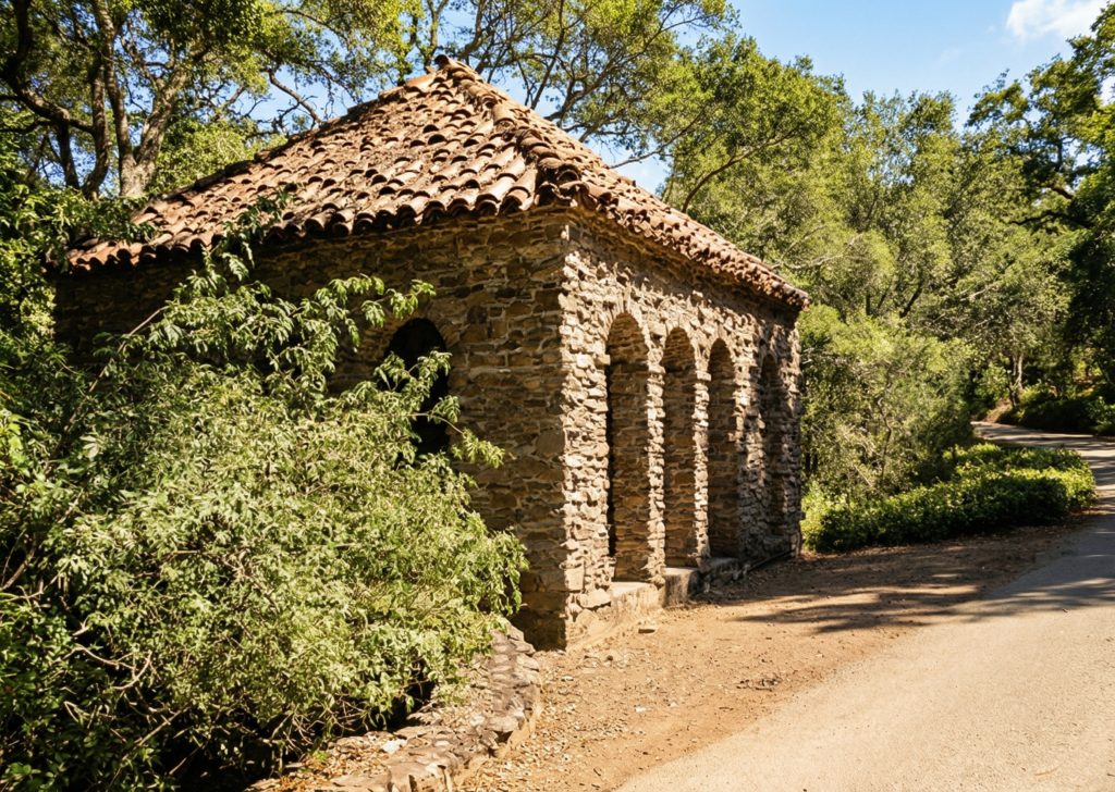 An alternate HABS survey view of the pump house, a key functional building at The Mortimer Fleishhacker Estate.