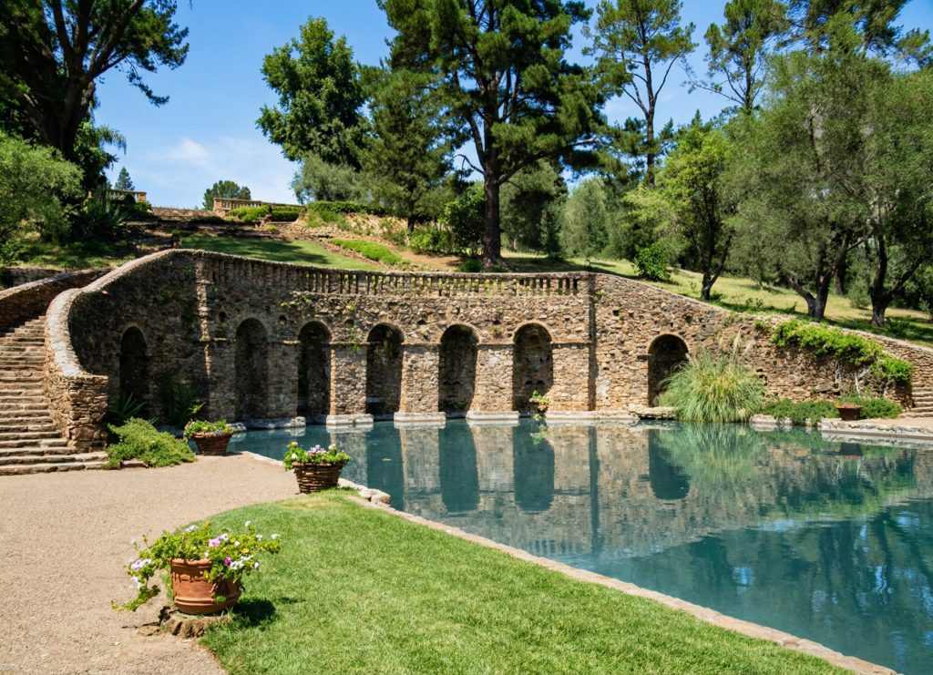 The closed end of the Roman Pond at The Mortimer Fleishhacker Estate, built into the hillside, from the 1975 HABS survey.