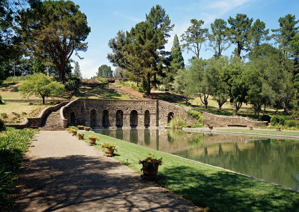 A 1975 HABS survey photo looking toward the closed, grotto-like end of the Roman Pond at The Mortimer Fleishhacker Estate.