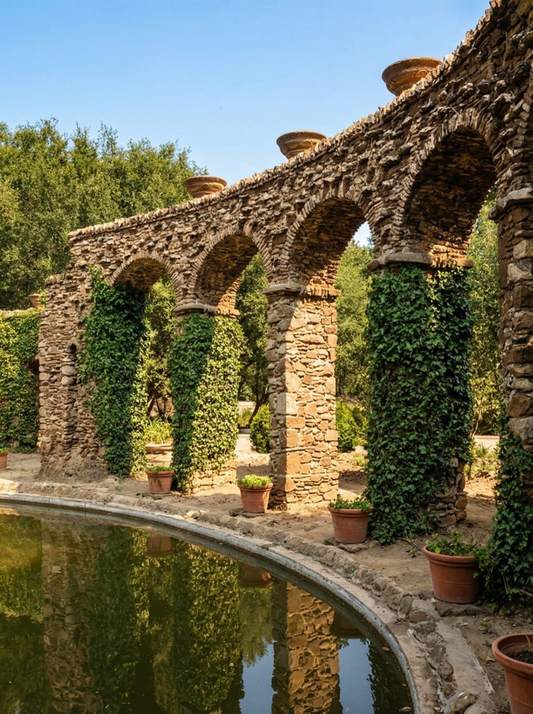 A 1975 HABS survey detail of the open arcade of the Roman Pond at The Mortimer Fleishhacker Estate, resembling an aqueduct.