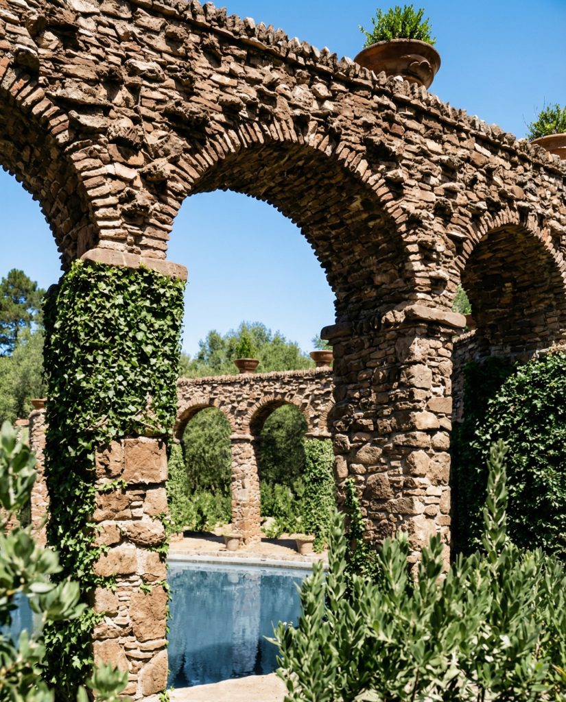 An alternate HABS survey detail of the open arcade of the Roman Pond at The Mortimer Fleishhacker Estate, a classical folly.