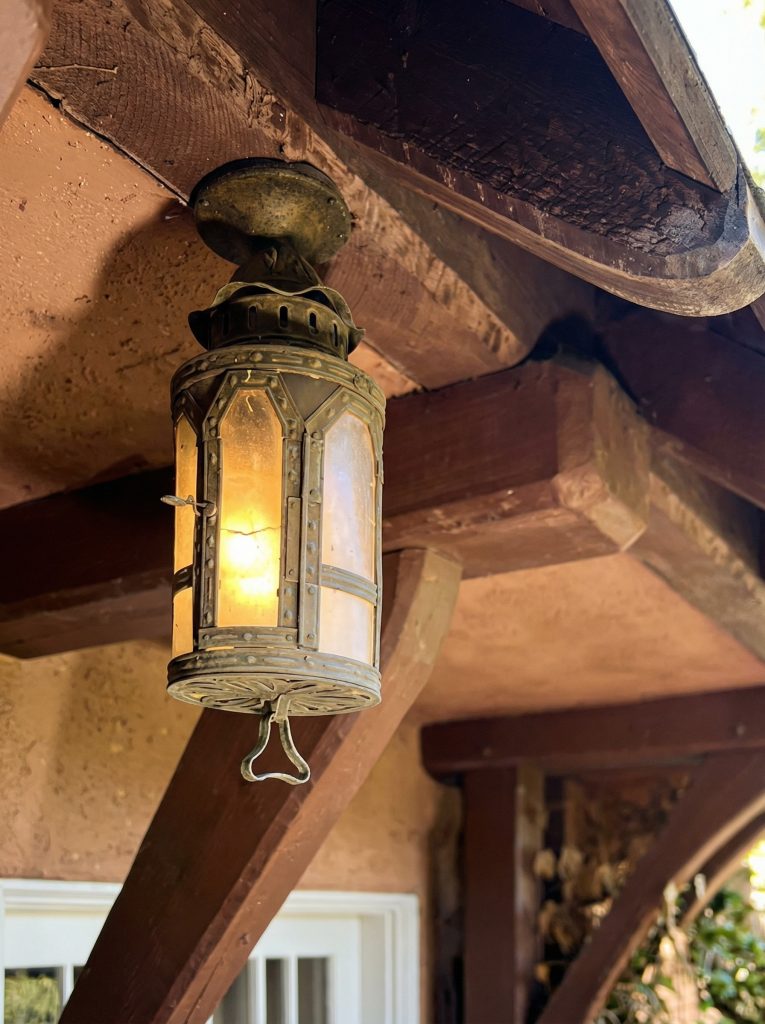 A 1975 HABS survey detail of a custom lantern by a rear doorway of The Mortimer Fleishhacker Estate, a Greene & Greene touch.
