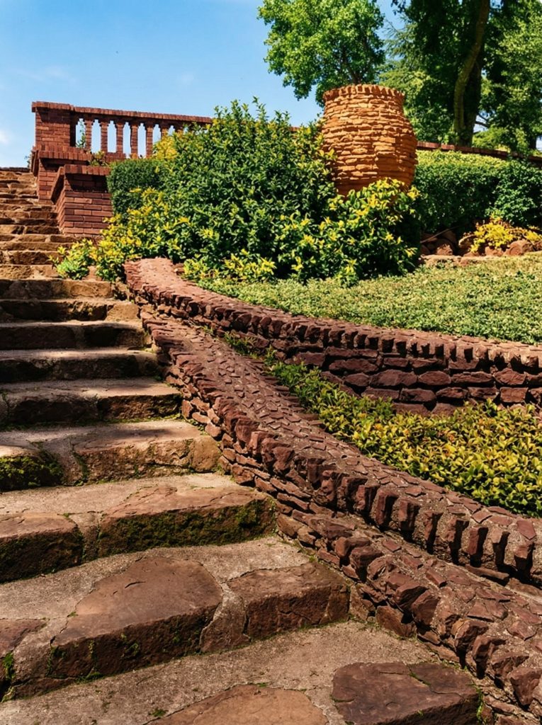 Looking up the grand staircase to the Roman Pond at The Mortimer Fleishhacker Estate in a 1975 HABS survey photograph.