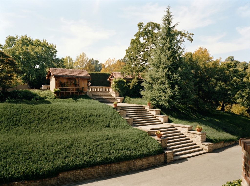 The stairway leading to the swimming pool area at The Mortimer Fleishhacker Estate, as documented by HABS in 1975.