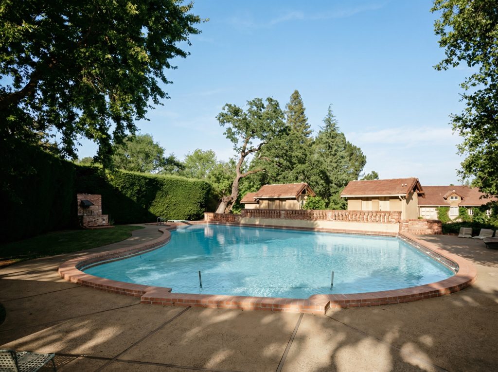 The free-form swimming pool at The Mortimer Fleishhacker Estate, a California first, seen in a 1975 HABS survey photo.