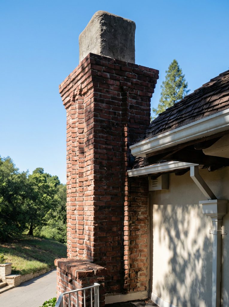 A 1975 HABS survey detail of the chimney on the west end of the west wing of The Mortimer Fleishhacker Estate, from the southwest.