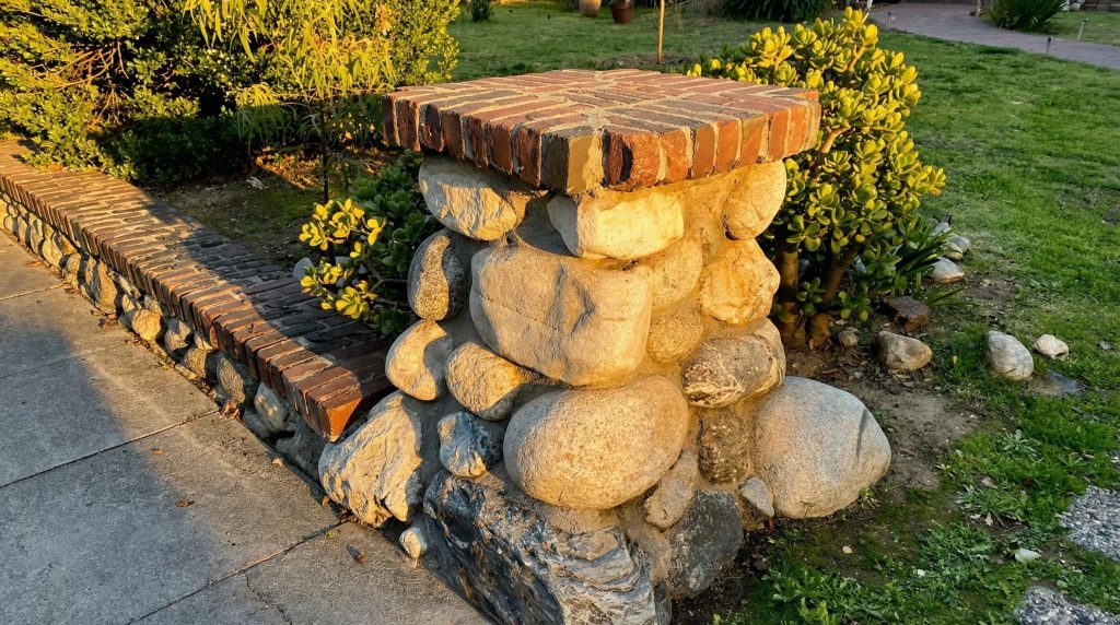 Arroyo cobblestone and clinker brick retaining wall pier detail at The Samuel Merrill House in Pasadena