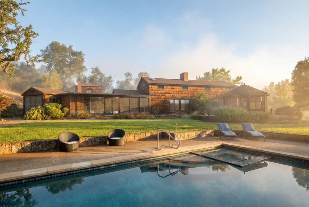 The modern Wurster House and its pool, designed by William Wurster, on the grounds of The Mortimer Fleishhacker Estate.