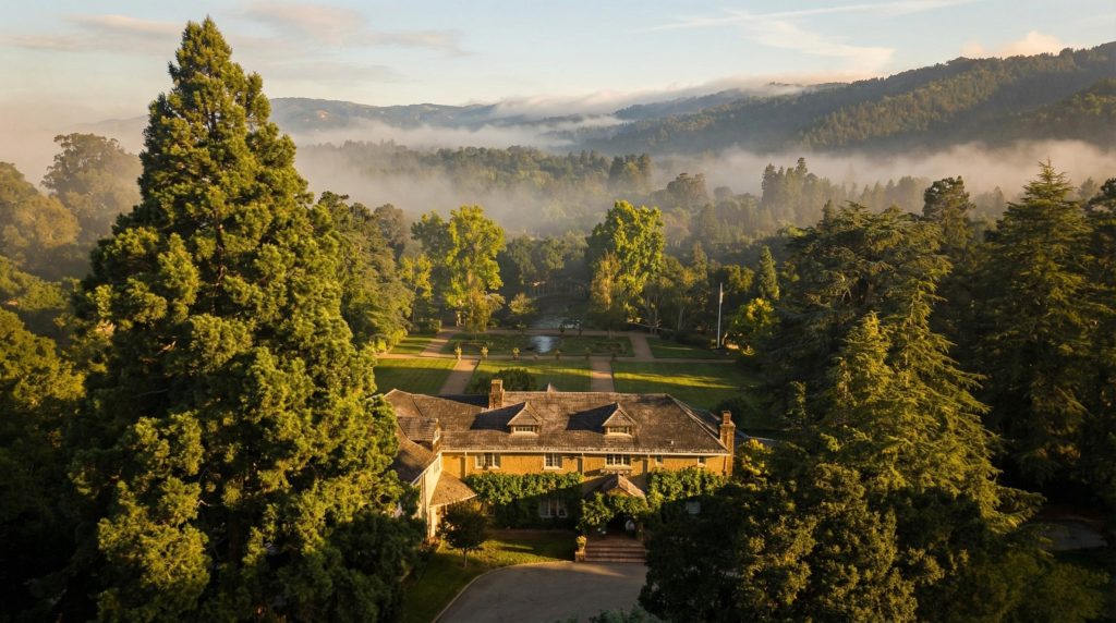 An aerial photo looking south over The Mortimer Fleishhacker Estate, capturing the vastness of the 74-acre property.