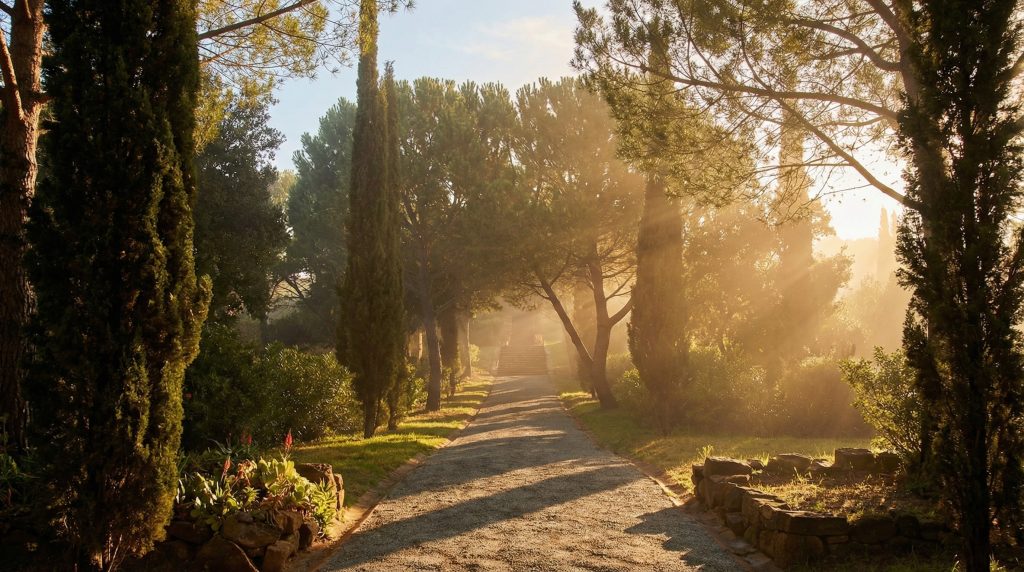 The beautiful, mature grounds of The Mortimer Fleishhacker Estate, a testament to over a century of careful landscape design.