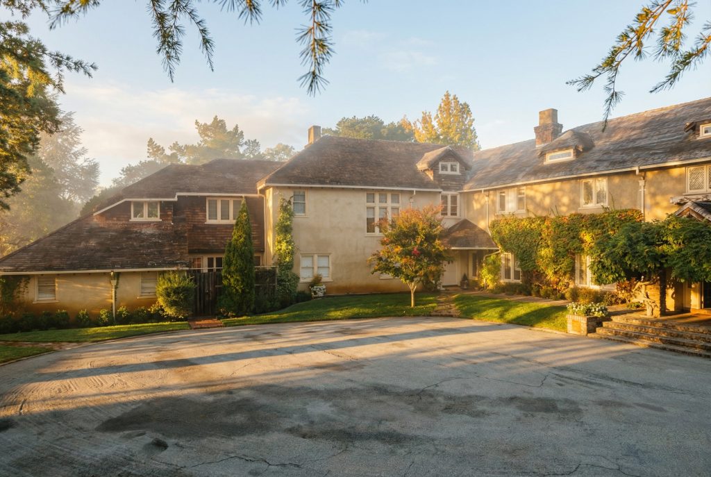 The front (north) elevation and entrance driveway of The Mortimer Fleishhacker Estate, offering a formal welcome to the home.
