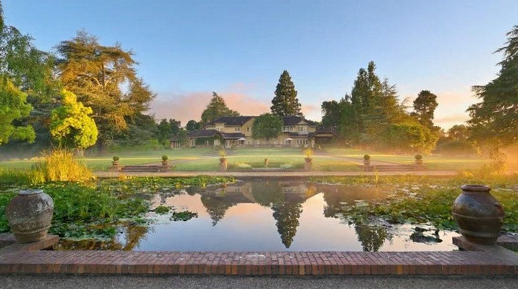 Looking north from the lily pond towards the main house of The Mortimer Fleishhacker Estate, with its perfect reflection.