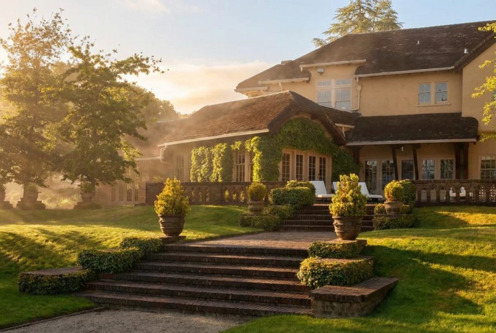 A contemporary photo of the southeast elevation of The Mortimer Fleishhacker Estate, showing its connection to the landscape.
