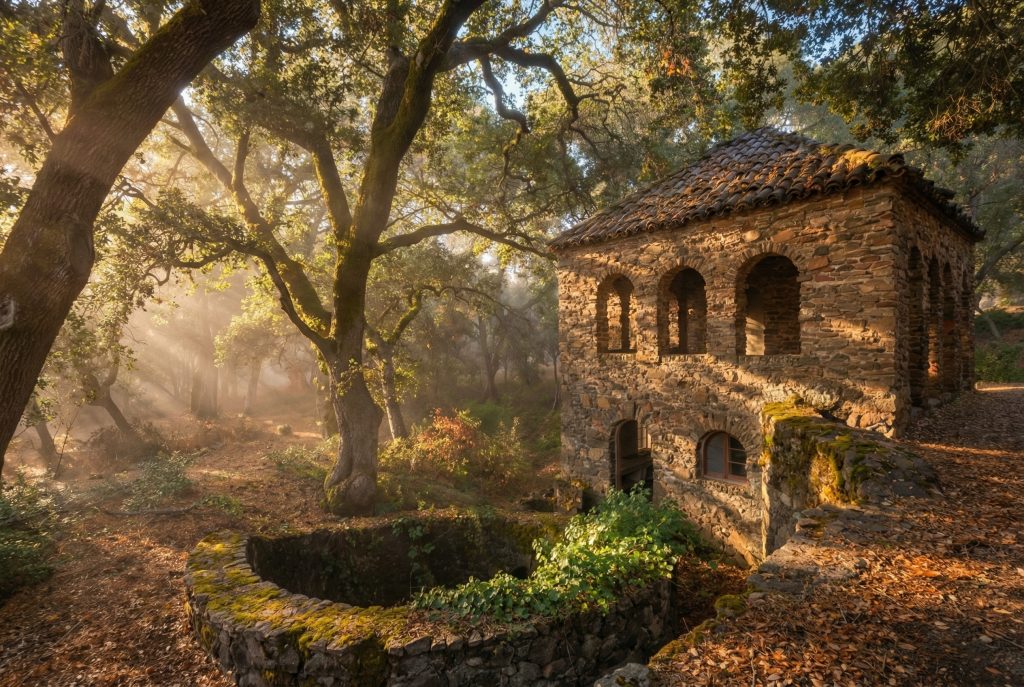 The charming Tea and Dairy House at The Mortimer Fleishhacker Estate, a whimsical folly designed by architect Charles Greene.