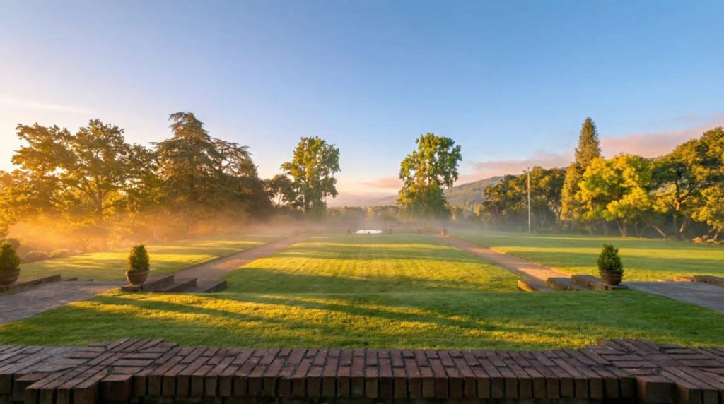 The breathtaking view from the rear terrace of The Mortimer Fleishhacker Estate, looking out over the formal gardens.