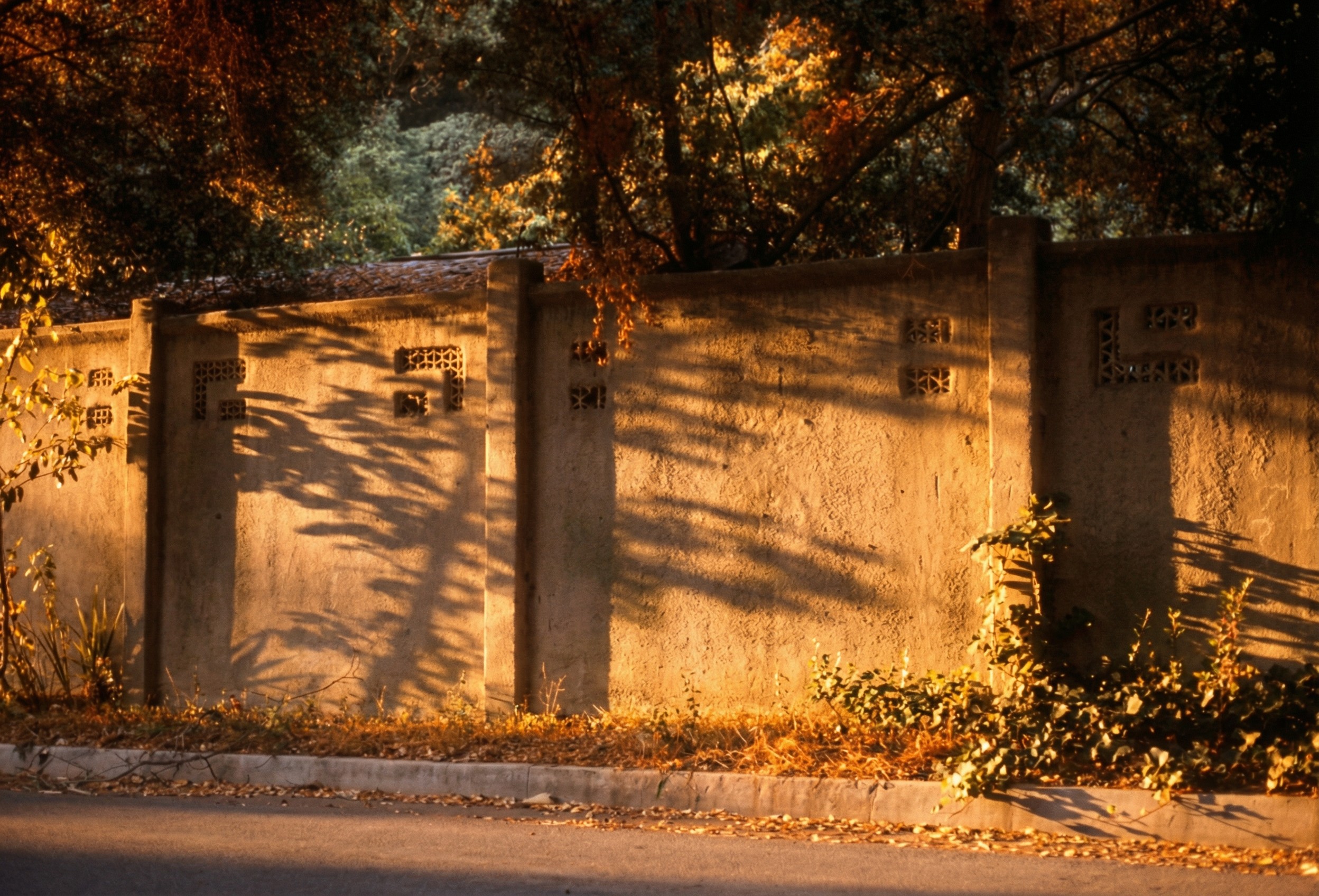 Close view of the exterior gunite walls of the Cordelia A. Culbertson House, smooth troweled cement-colored surfaces with small ceramic tiles set into the wall, beneath a low tile roof