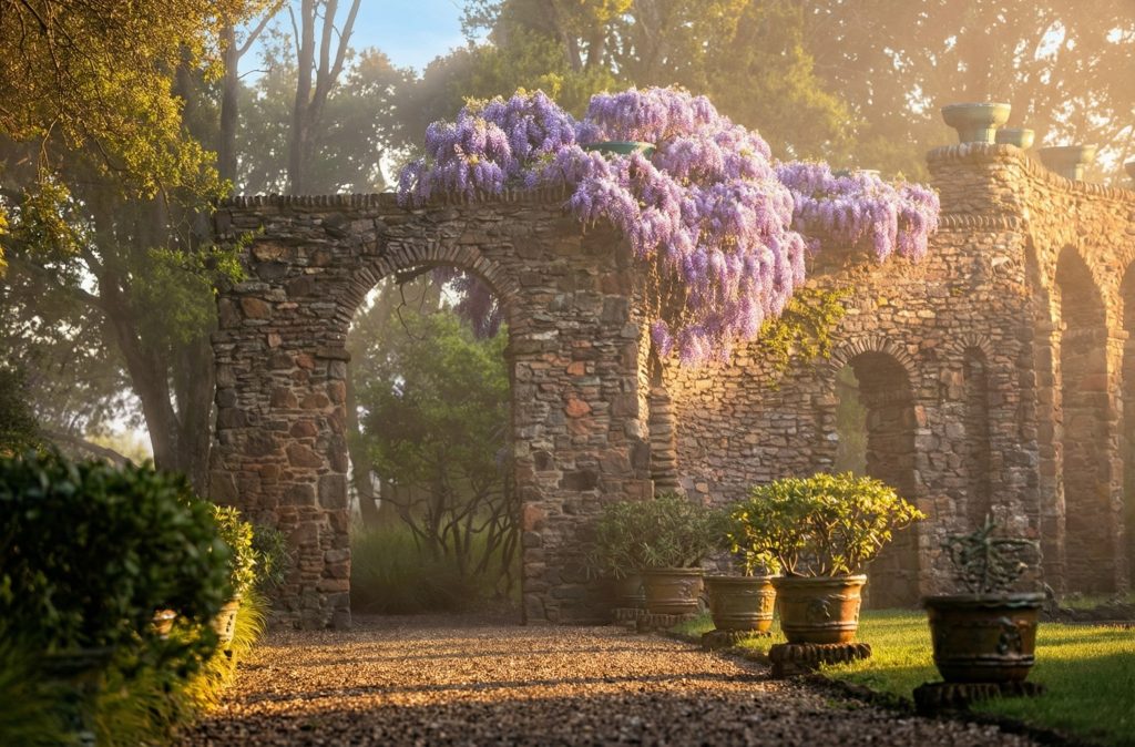 Beautiful purple wisteria blooming on the stone arcade of the Roman pool at The Mortimer Fleishhacker Estate.