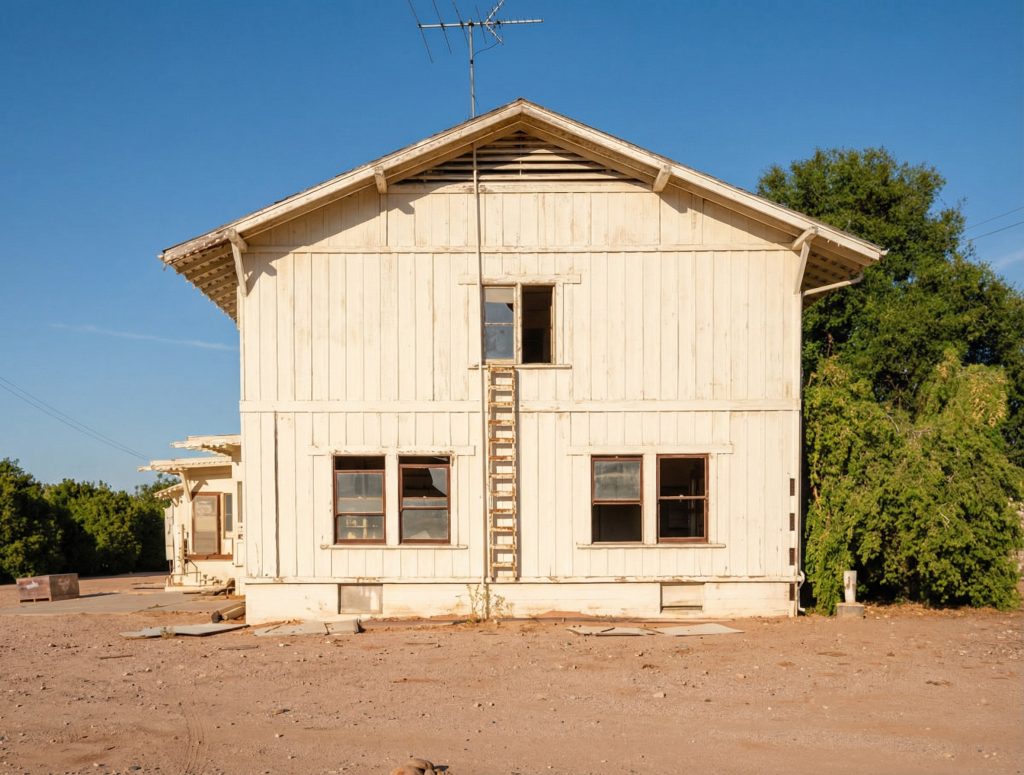 Exterior photograph of the east elevation of The Sespe Ranch Bunkhouse showing the two-story wood-frame facade and gable roof