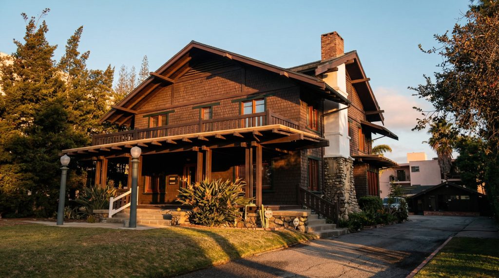 Driveway view of The Ernest W. Smith House at sunset showing its stone chimney, wood shingles, and deep porch