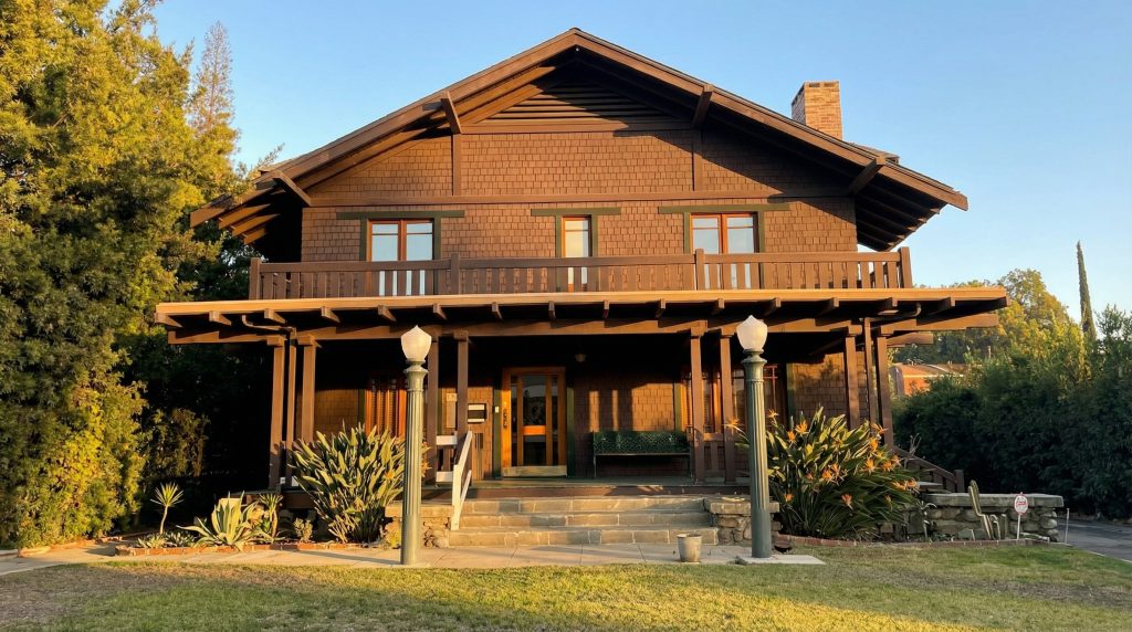 Front elevation photograph of The Ernest W. Smith House at golden hour with exposed rafter tails and stone steps