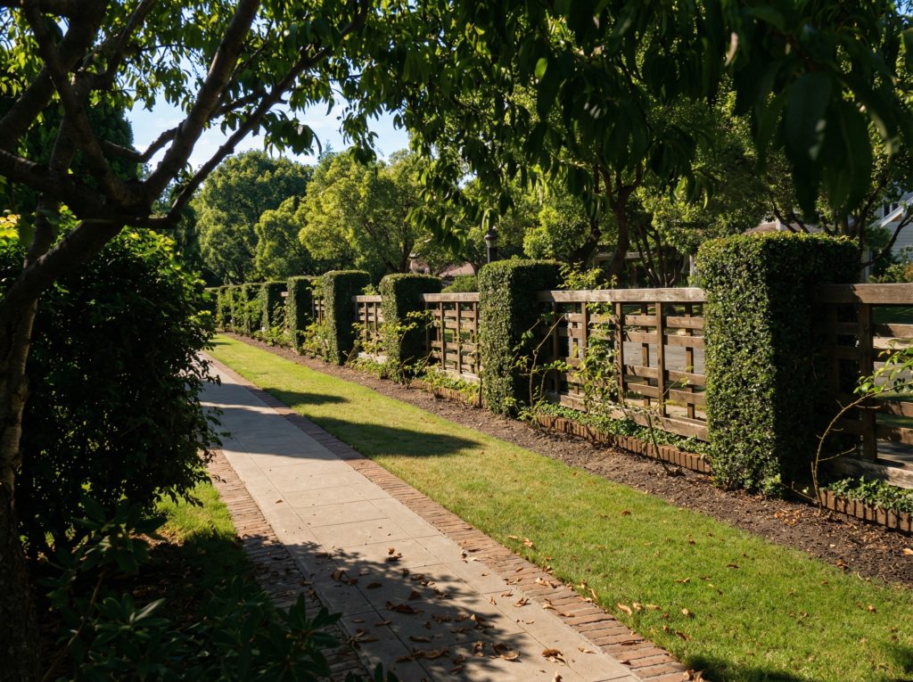 A mid-century view by Maynard Parker of the walls and grounds at The Dr. S. S. Crow House, showcasing the beautifully aged landscape and brickwork.
