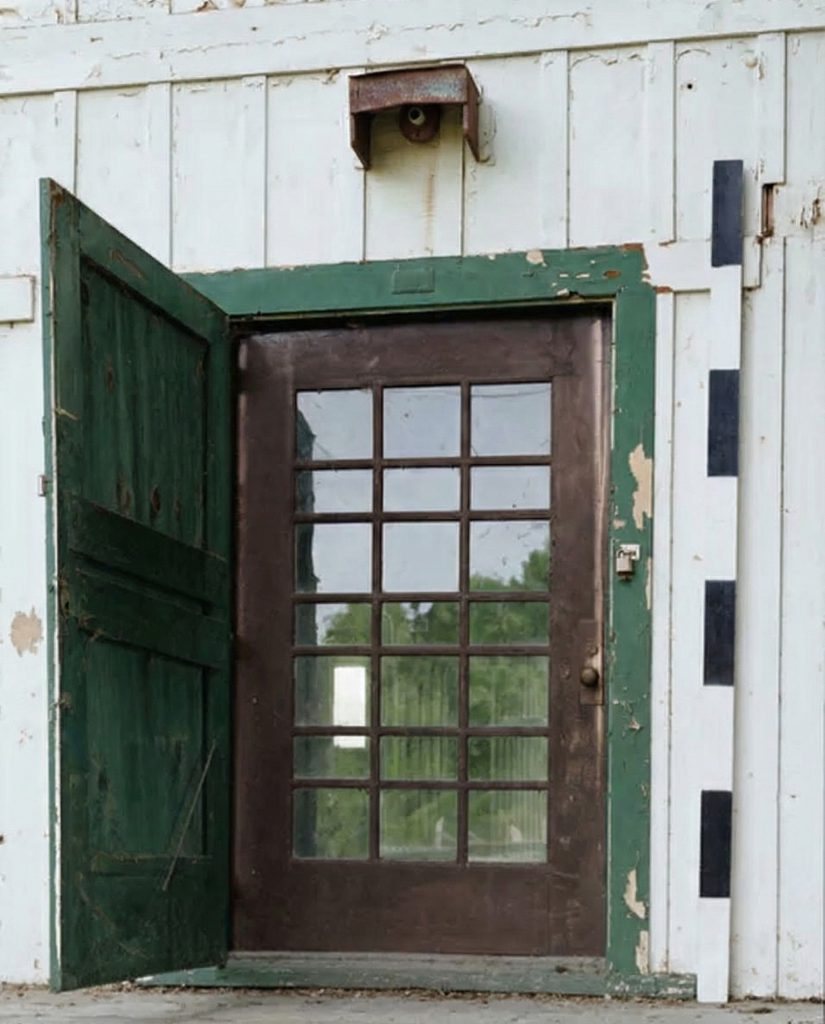 Close-up exterior detail of the north entrance door of The Sespe Ranch Bunkhouse showing original wood panel construction