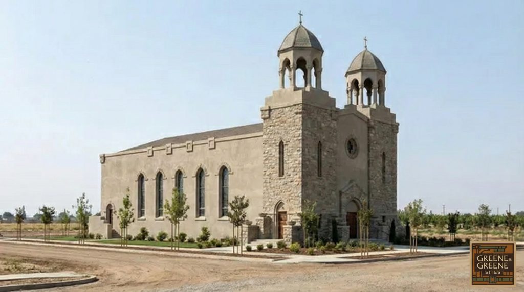 Exterior perspective rendering of The Armenian Pilgrims Church showing twin bell towers and stone facade in Fresno