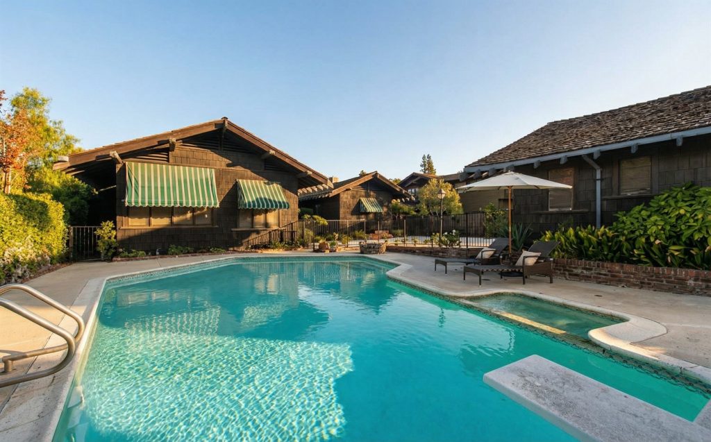 The large, modern swimming pool at The Dr. S. S. Crow House, set within the beautifully landscaped and private rear garden area of the property.