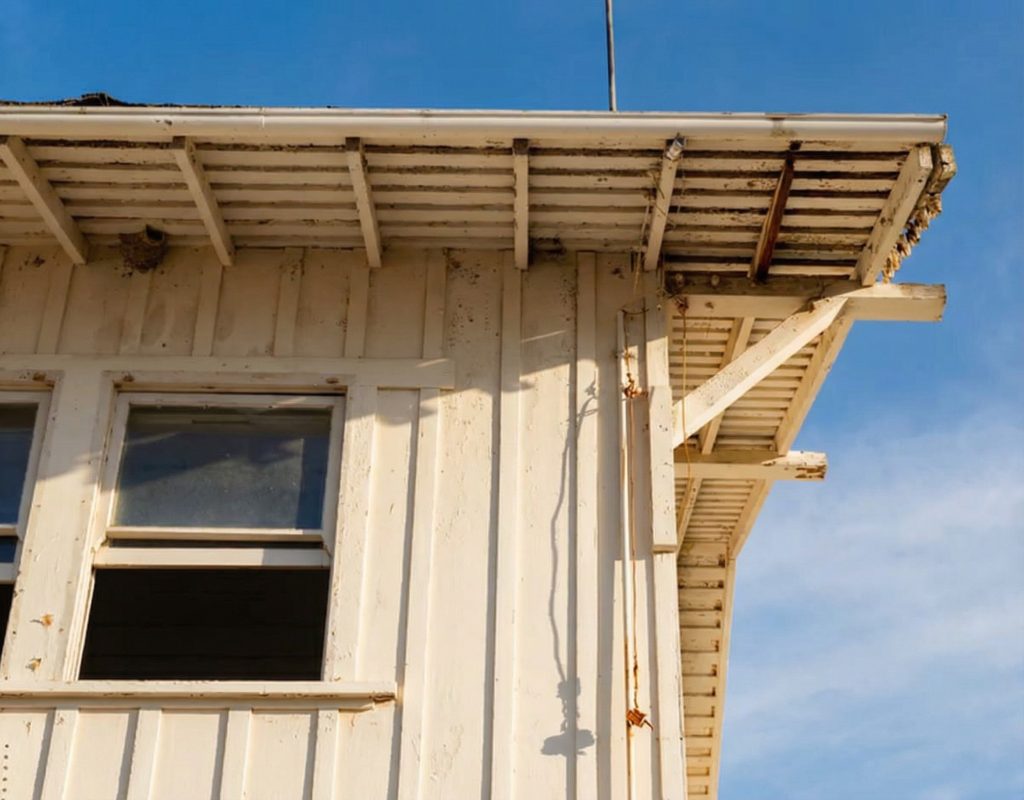 Upward-angled exterior view of the southeast corner of The Sespe Ranch Bunkhouse showing roof eaves and siding construction