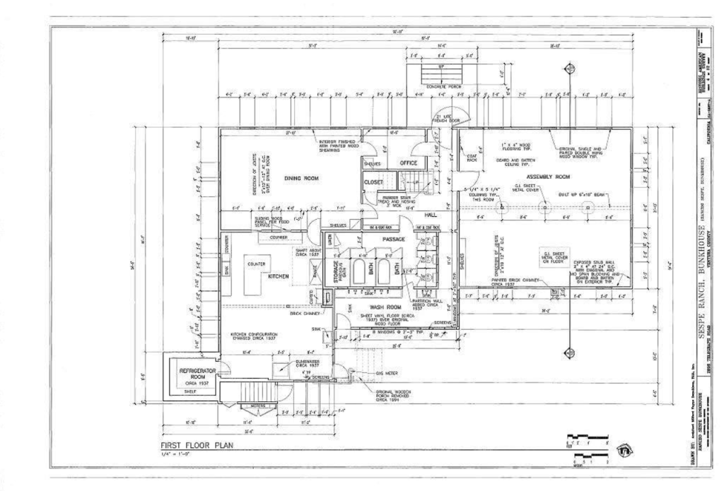 HABS 1997 measured first floor plan drawing of The Sespe Ranch Bunkhouse documenting the existing layout and later alterations