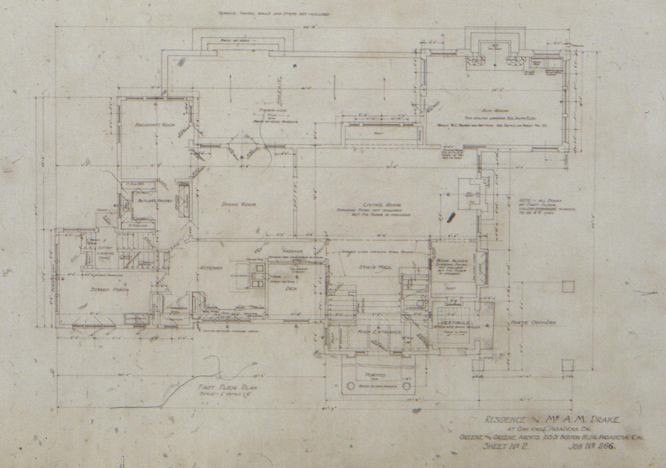 First floor plan drawing of The Mr. A. M. Drake House detailing living room, dining room, and den layout