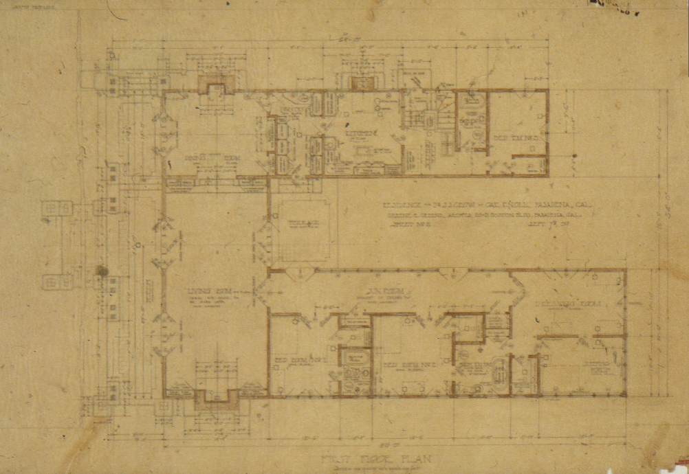 The original 1909 first-floor plan drawing for The Dr. S. S. Crow House, illustrating Henry Greene's innovative U-shaped courtyard layout.