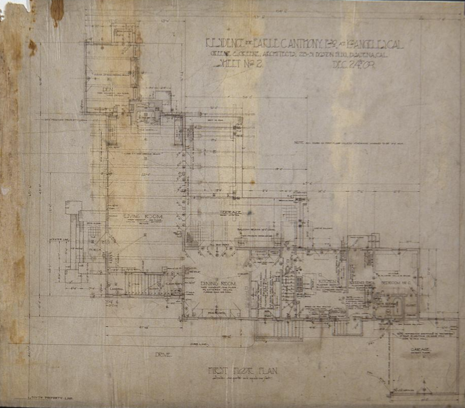 Original 1909 Greene and Greene first floor plan drawing of The Earle C. Anthony house, Sheet No. 2, showing room layout