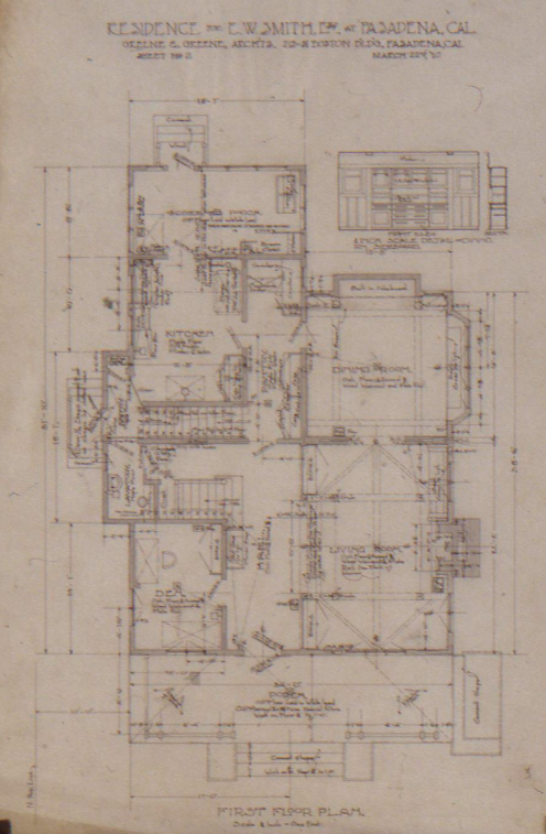 Greene & Greene first floor plan of The Ernest W. Smith House showing living room, dining room, and built-in details