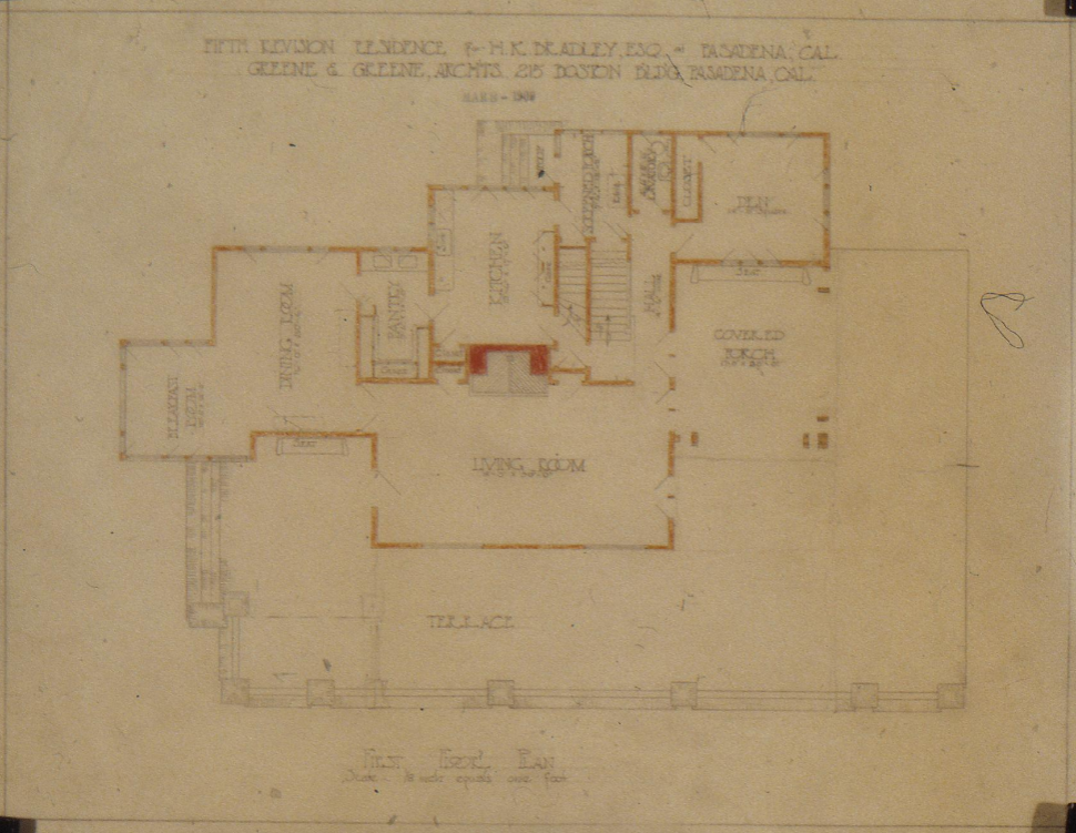 The Henry K. Bradley House first floor plan drawing by Greene & Greene showing living room, terrace, and covered porch